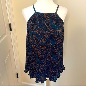 Banana Republic Teal Orange Trapeze Halter Crinkle Pleated Blouse Women’s Sz PM